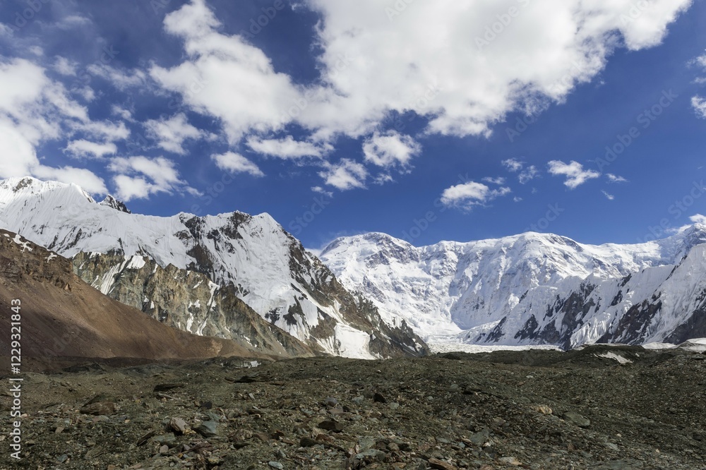 Fototapeta premium Pabeda-Khan Tengry glacier massif, View from Base Camp, Central Tien Shan Mountain Range, Border of Kyrgyzstan and China, Kyrgyzstan, Asia