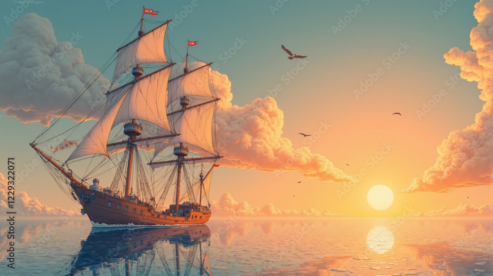 Fototapeta premium A ship sailing toward the horizon at sunset illustration.