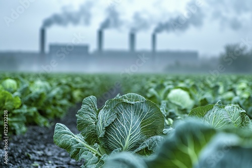 Agricultural field with growing cabbage and factory with fumes in blurry background. Generative Ai, AI generated photo