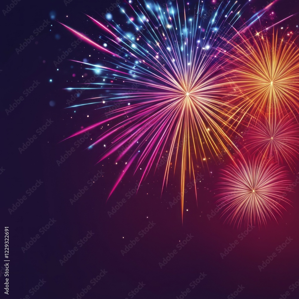 Fototapeta premium A series of vibrant fireworks explodes in the night sky, creating a festive and colorful scene, AI generated