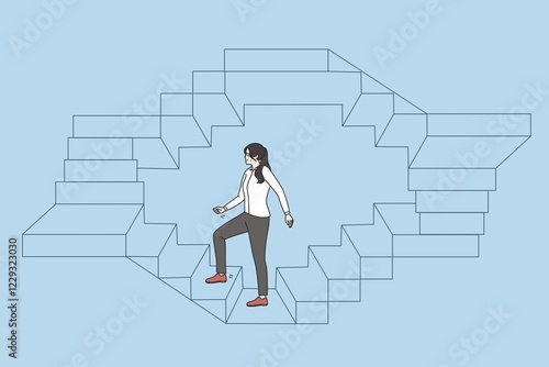 Work, career and success business concept. Young business woman walking up endless stairs on circle vector illustration over blue background Abstract vector wall art background. Minimalistic abstract wall art background for print. Scandinavian vector style photo