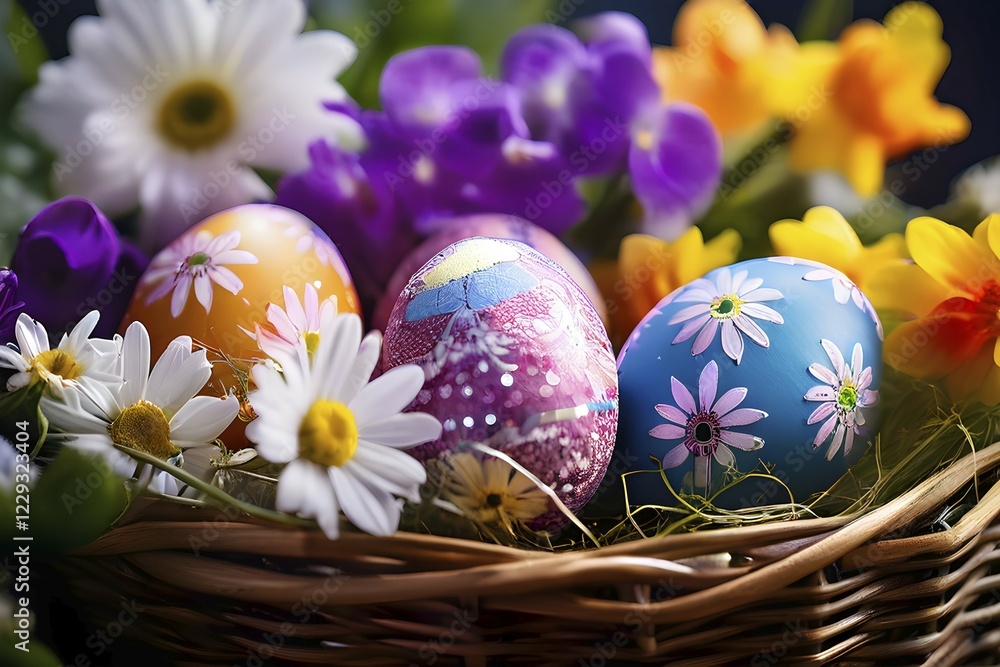 Fototapeta premium Vibrant-colored Easter eggs in a wicker basket, surrounded by delicate spring flowers, AI generated