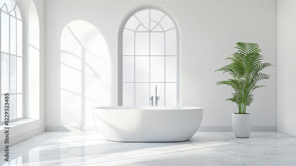 Fototapeta premium Modern White Bathroom With Freestanding Tub And Plant