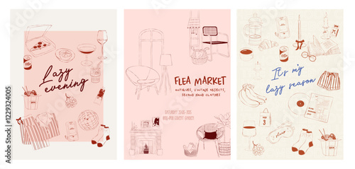 Collection of Homebody posters. Cozy aesthetic wall art. Home interior poster. Home decor print. Editable vector illustration