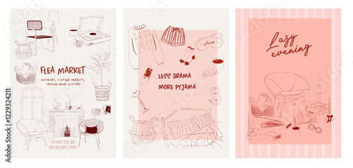 Collection of Homebody posters. Cozy aesthetic wall art. Home interior poster. Home decor print. Editable vector illustration