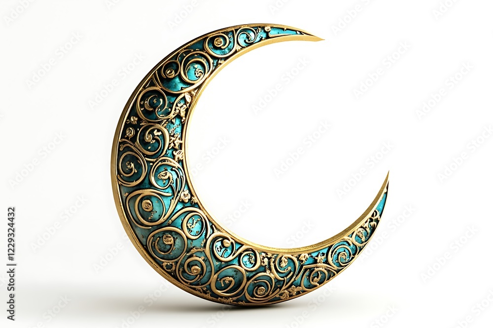 3D Style Glowing Crescent Moon with Festive Arabic Patterns 3D Style Glowing Crescent Moon with Festive Arabic Patterns