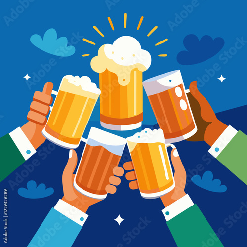 Happy hands raise various mugs of beer in a toast, celebrating friendship and good times under a bright, cheerful blue sky during a lively gathering