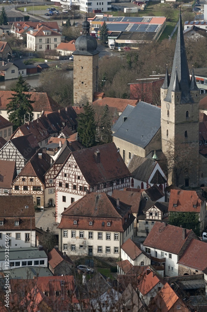 Fototapeta premium View of Zeiler Marktplatz, market square, with St. Michael's Church, Zeil am Main, Lower Franconia, Bavaria, Germany, Europe