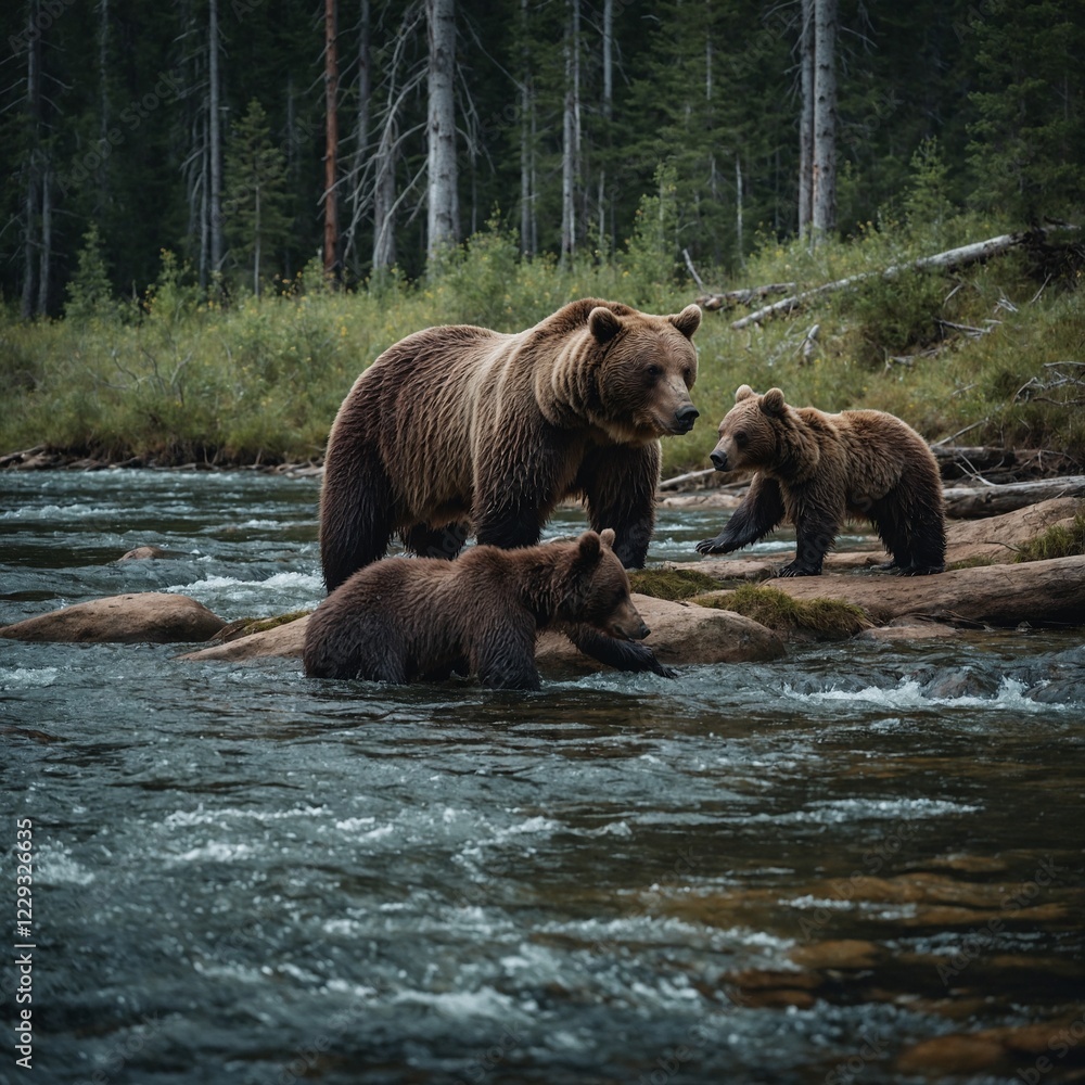 A family of bears playing near a sparkling forest river. A family of bears playing near a sparkling forest river.