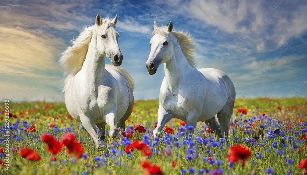 Obraz premium KI generated, A horse, horses, Arabian, in front of a blue sky, thoroughbred Arabian, AV, Arabian thoroughbred, (Eqqus ferus caballus), running in a meadow with colourful flowers