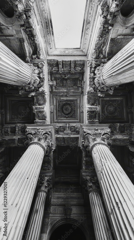 Obraz premium Monochrome Architectural Detail of Majestic Columns in Classical Building Captured from Wide Angle Perspective, 