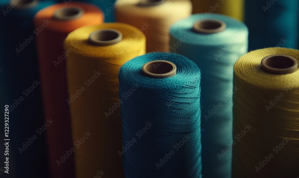 Colorful Close-up of Spools of Thread in Various Hues for Sewing and Crafting Projects, Capturing Detail and Texture, Colorful Close-up of Spools of Thread in Various Hues for Sewing and Crafting Projects, Capturing Detail and Texture,