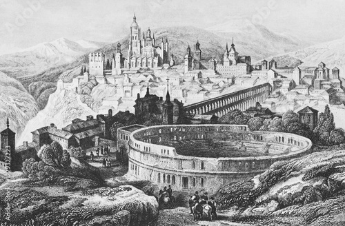 Wallpaper Mural Historic cityscape, steel engraving, circa 1840, Segovia, Castile, Spain, Europe Torontodigital.ca