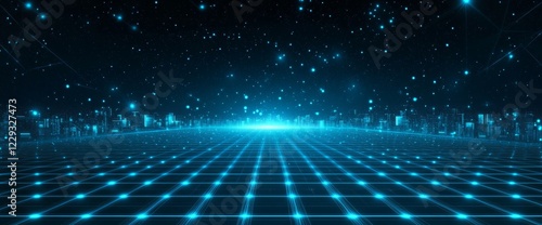Abstract cityscape background with blue glowing light lines and digital grid on a dark night sky, a data technology concept.