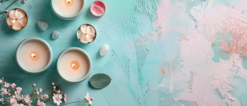 Fototapeta premium Lit candle and colorful flowers on a light textured background. Flat lay composition with copy space for relaxation and spa design. Top down aerial view of candles. Recreation concept. AIG55.