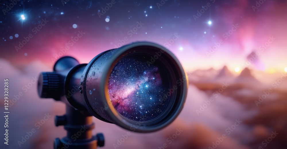 Telescope with a fogged-up lens, struggling to focus on celestial wonders. Cosmic reflections of nebulae and galaxies shimmer in the lens, framed by deep blue and purple skies Telescope with a fogged-up lens, struggling to focus on celestial wonders. Cosmic reflections of nebulae and galaxies shimmer in the lens, framed by deep blue and purple skies