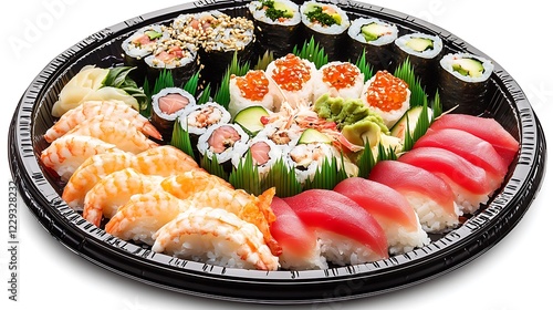 A sushi platter with a focus on artistic presentation and vibrant colors photo