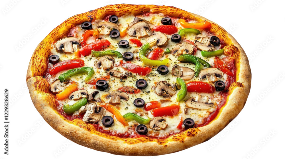 Delicious vegetarian pizza topped with olives, mushrooms, and colorful bell peppers sits on a wooden table Delicious vegetarian pizza topped with olives, mushrooms, and colorful bell peppers sits on a wooden table