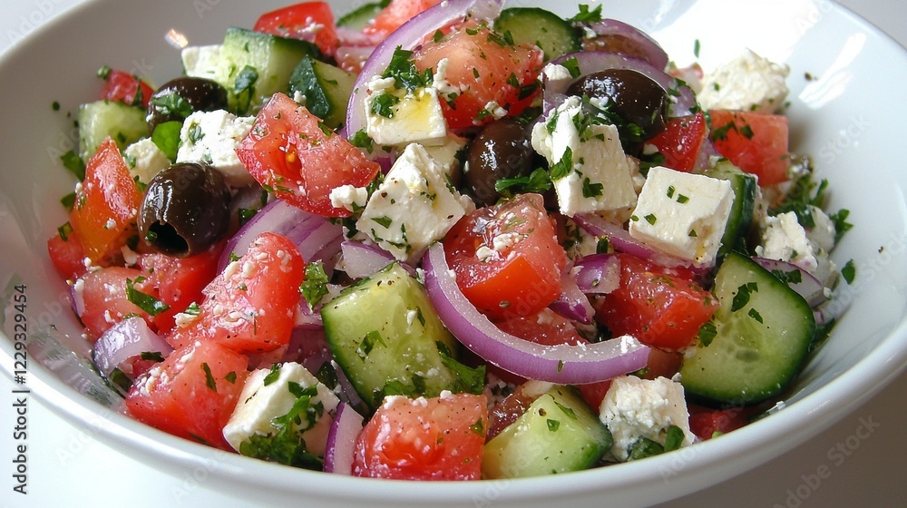 A colorful bowl of Greek salad showcases ripe tomatoes, crisp cucumbers, piquant red onions, and creamy feta, all complemented by briny olives and fragrant herbs, perfect for summer dining A colorful bowl of Greek salad showcases ripe tomatoes, crisp cucumbers, piquant red onions, and creamy feta, all complemented by briny olives and fragrant herbs, perfect for summer dining