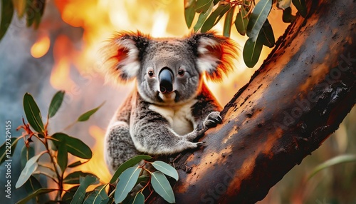 Climate change, global warming, bushfires, a koala in Australia sitting on a burning eucalyptus tree, AI generated photo