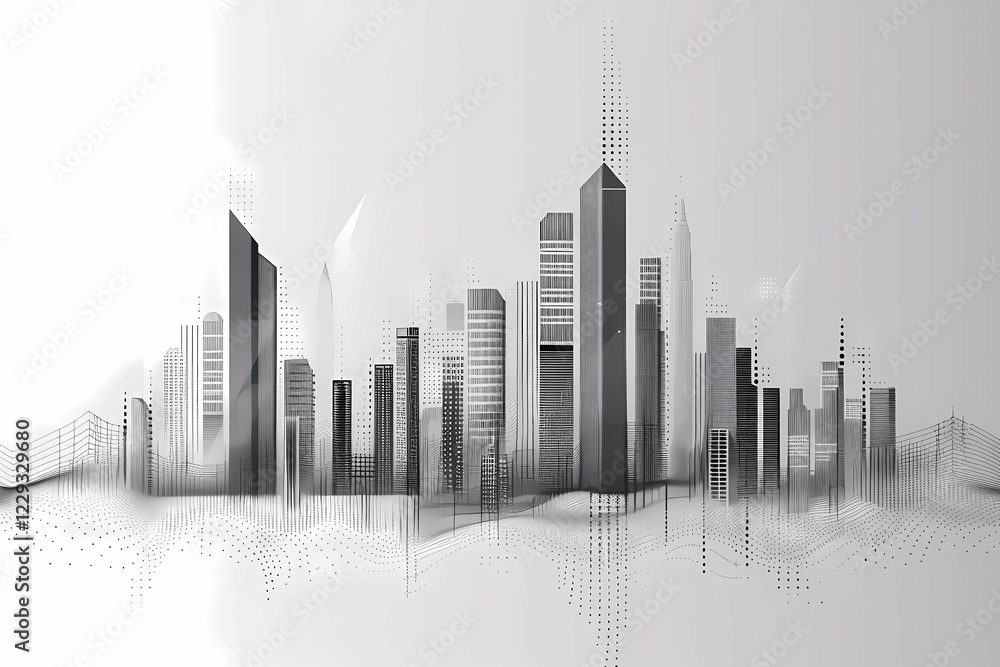 Fototapeta premium Abstract digital art cityscape with a modern black and white skyline, illustration, AI generated