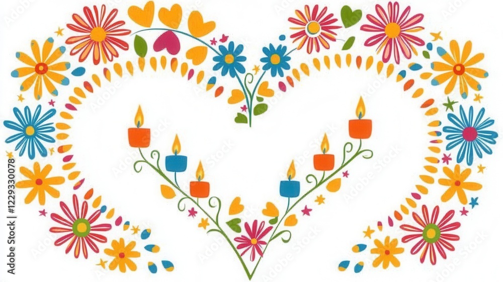 Naklejka premium Vibrant Floral Heart With Lit Candles And White Background