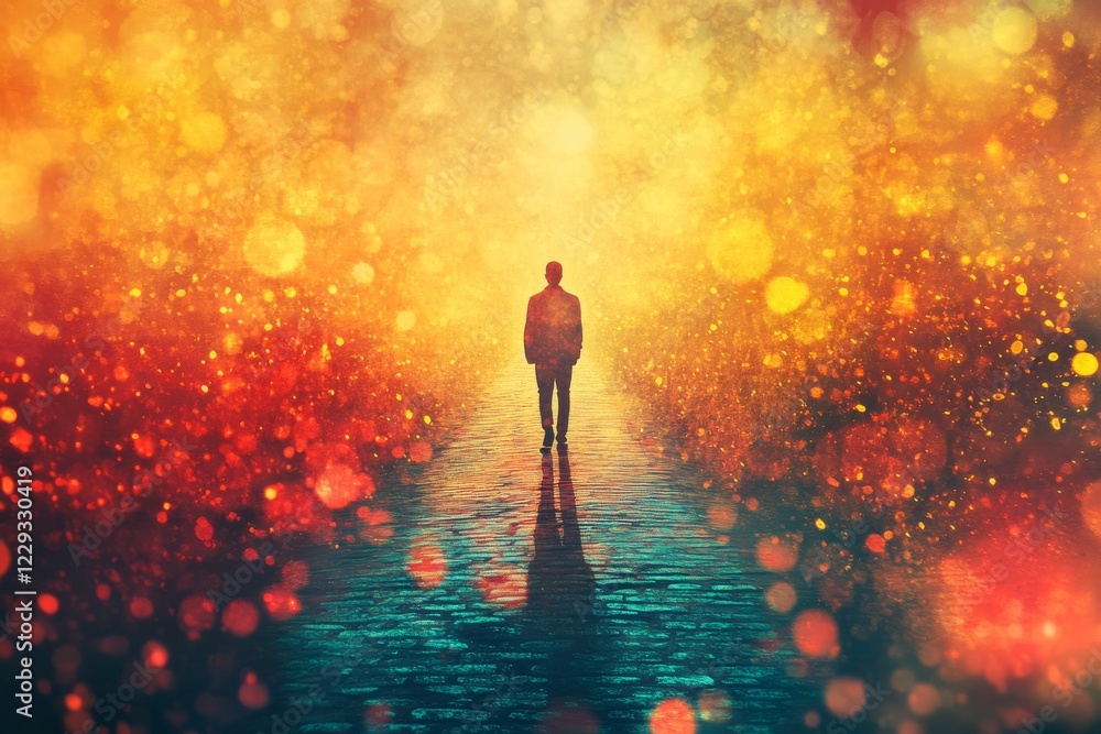 Enigmatic figure walking through a vibrant, dreamy landscape filled with glowing lights at dusk Enigmatic figure walking through a vibrant, dreamy landscape filled with glowing lights at dusk