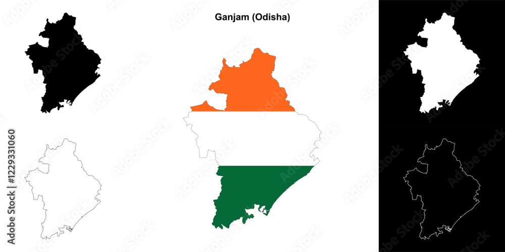 Fototapeta premium Ganjam district (Odisha) blank outline map set