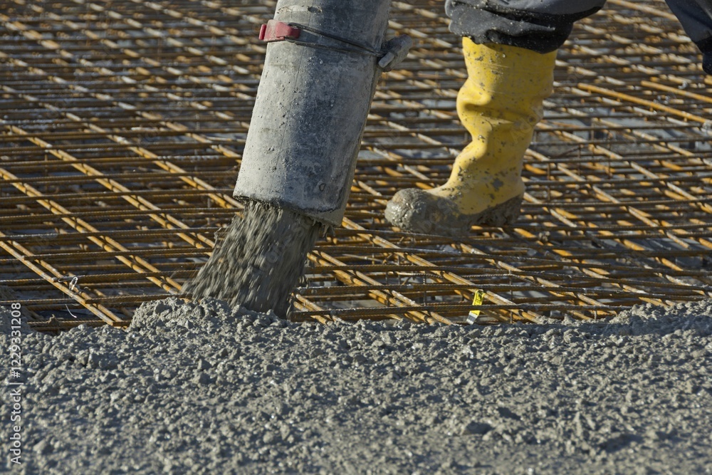 Construction worker pours concrete onto reinforcing steel using a concrete pump