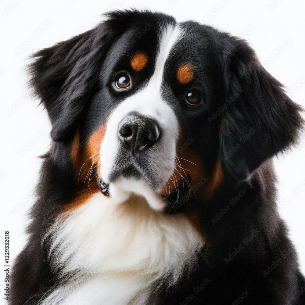 A Bernese Mountain Dog with striking black, white, and brown fur sits attentively, displaying a gentle expression. Its soulful eyes convey curiosity and warmth in a serene indoor environment A Bernese Mountain Dog with striking black, white, and brown fur sits attentively, displaying a gentle expression. Its soulful eyes convey curiosity and warmth in a serene indoor environment
