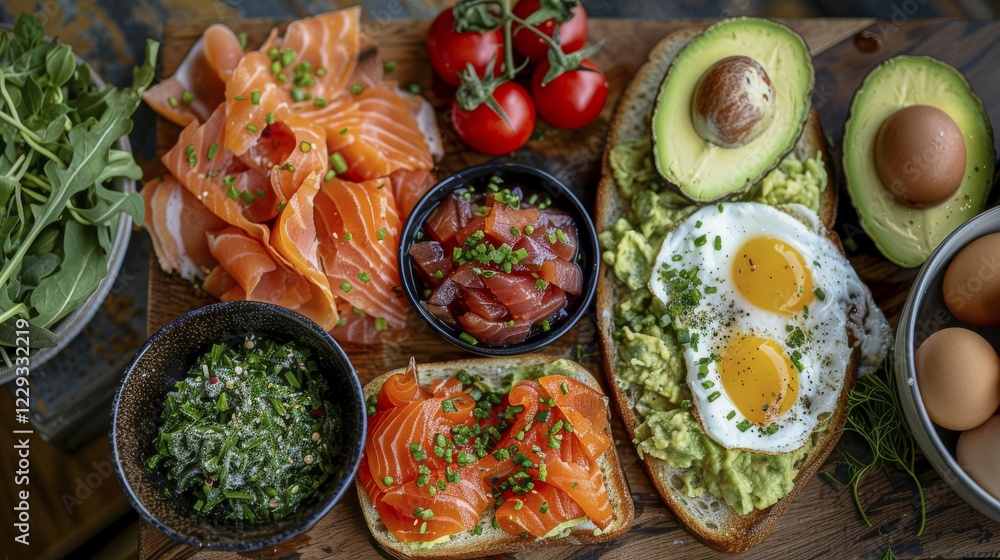 Fototapeta premium Hearty breakfast spread with salmon, avocado, poached eggs, and tomatoes on rustic toast, AI generated