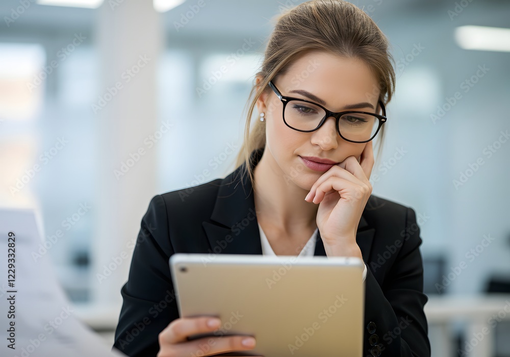 Fototapeta premium Focused woman wearing glasses focused on workflow using tablet , reviewing or analyzing information, reading reports , or engaging in digital communication. Generative AI