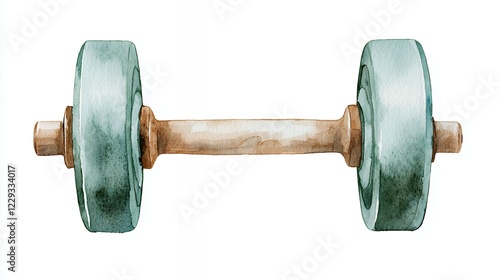 Watercolor Dumbbell Painting: Teal Weights and Light Brown Bar, Fitness and Exercise Concept