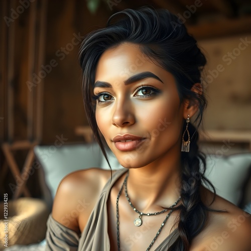 Mujer hispana con estilo bohemio en un ambiente acogedor photo