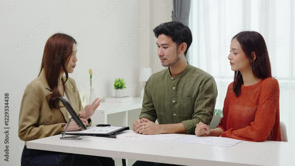 asian financial advisor presenting charts and data on a tablet during couple client meeting.financial planning and decision-making asian financial advisor presenting charts and data on a tablet during couple client meeting.financial planning and decision-making