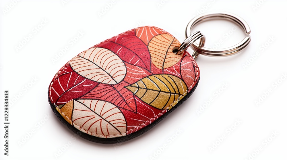 Colorful Autumn Leaves Keychain Design: A Close-Up View of a Red, Orange, and Beige Leaf-Patterned Keychain with a Silver Ring Colorful Autumn Leaves Keychain Design: A Close-Up View of a Red, Orange, and Beige Leaf-Patterned Keychain with a Silver Ring