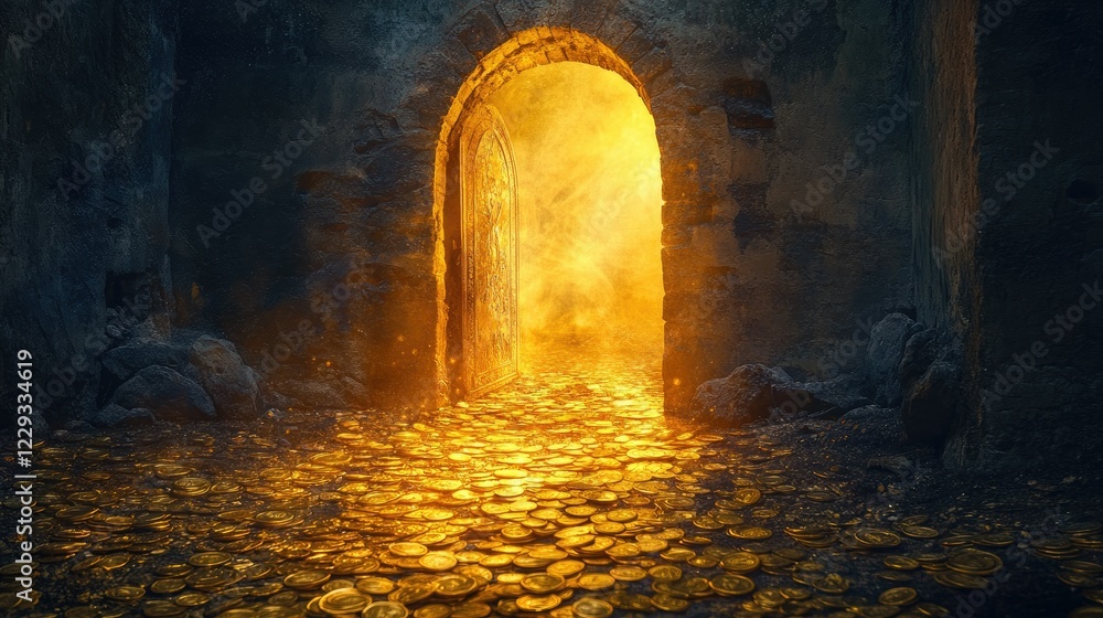 Fototapeta premium An ancient arched stone doorway leading to a glowing path of gold coins, illuminated by soft golden light, mysterious and magical