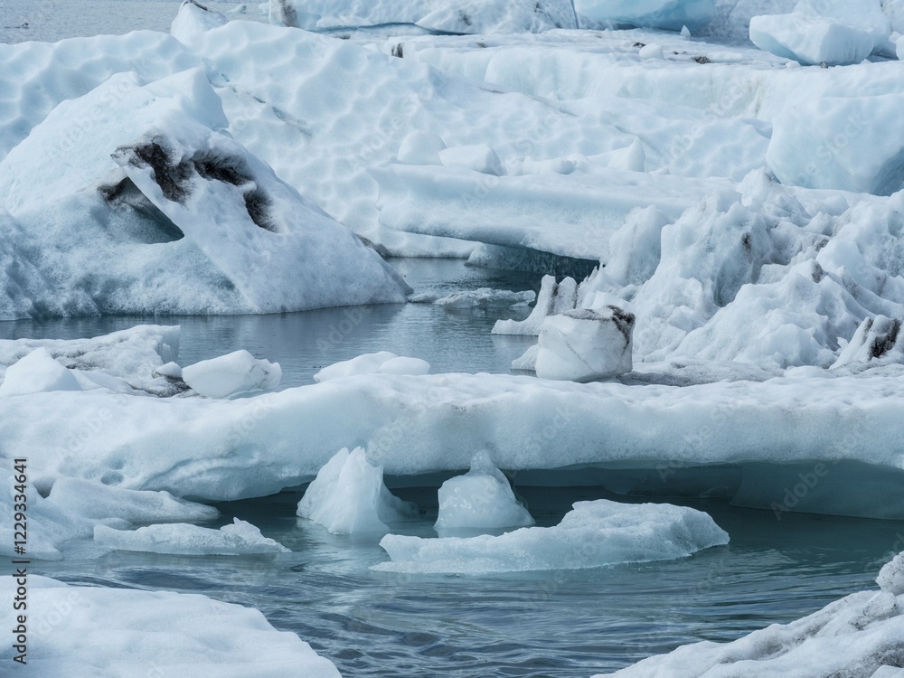 Glacier landscape with snow-covered icebergs and an ice-cold watercourse, Ice Lake, Iceland, Europe Glacier landscape with snow-covered icebergs and an ice-cold watercourse, Ice Lake, Iceland, Europe