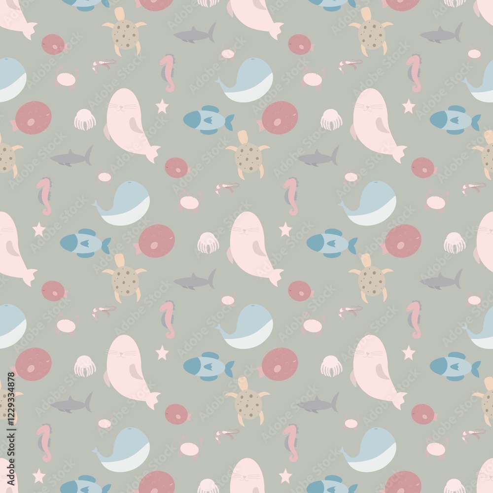 seamless pattern with sea elements, marine pattern, ocean, underwater world, summer seamless pattern with sea elements, marine pattern, ocean, underwater world, summer