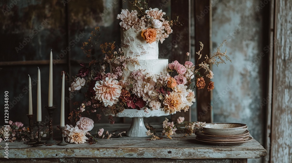 A wedding cake with intricate floral designs displayed on a rustic table. picture A wedding cake with intricate floral designs displayed on a rustic table. picture