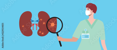 Kidney cancer concept as oncology, flat vector stock illustration with doctor and malignant tumor or kidney cancer