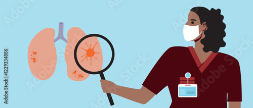 Eye cancer concept as oncology, flat vector stock illustration with doctor and malignant tumor or eye cancer