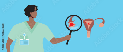 Ovarian cancer concept as oncology, flat vector stock illustration with doctor and malignant tumor or cervical or ovarian cancer