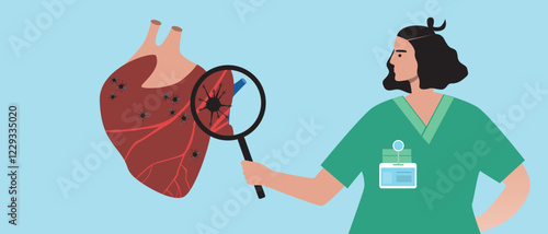 Heart cancer concept as oncology, flat vector stock illustration with doctor and malignant tumor or heart cancer