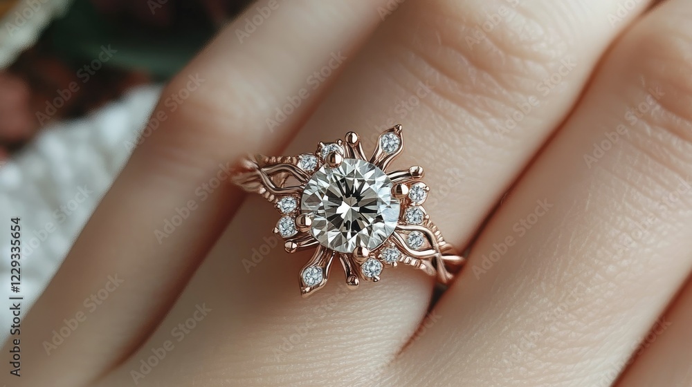 An exquisite engagement ring on a woman finger, with fine details captured in close-up view