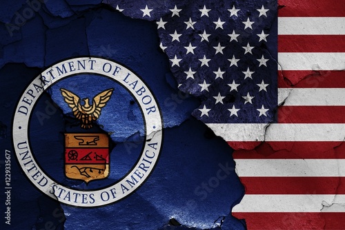 Wallpaper Mural Flags of Department of Labor and USA painted on cracked wall Torontodigital.ca