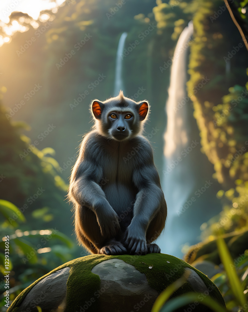 Obraz premium Langur on its habitat, Papua Forest, extinct animal sunset, tropical forest, river, created by generative ai