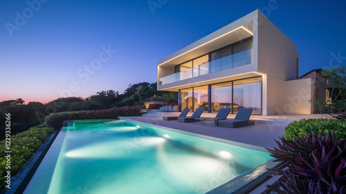 Modern Luxury Villa with Infinity Pool, Scenic View at Dusk