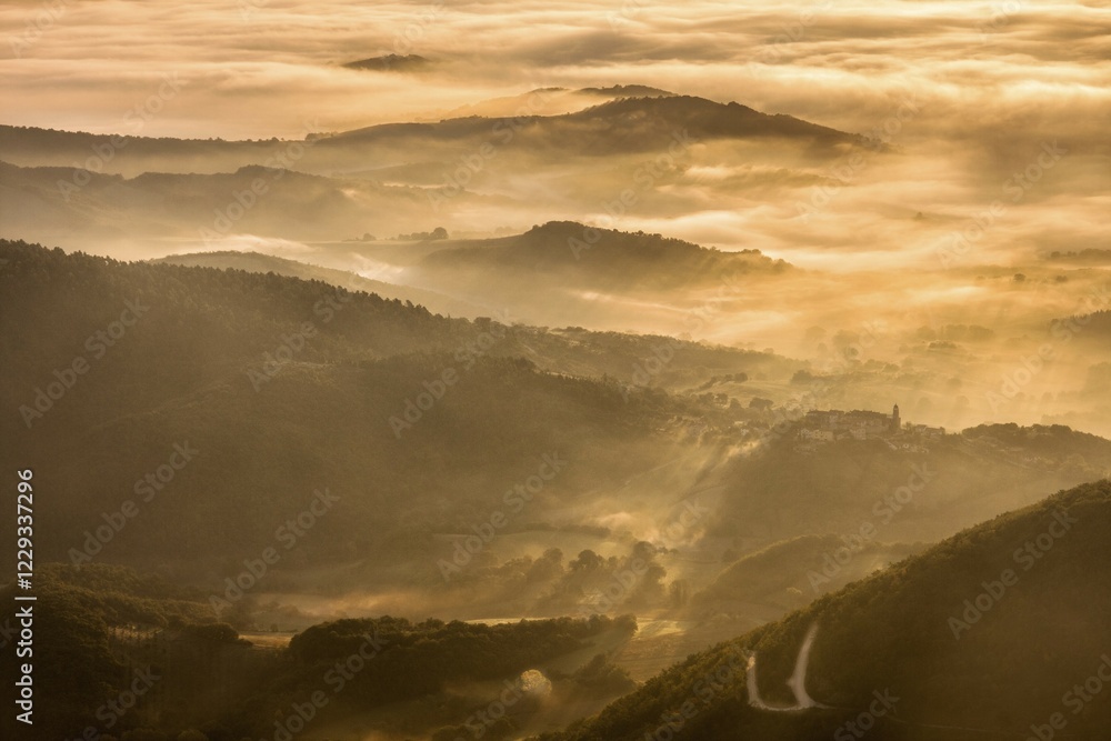 Obraz premium Aerial view, Mount Cucco, Monte Cucco in the Apennines at sunset, small village, Bastia, Marche and Umbria, Italy, Europe