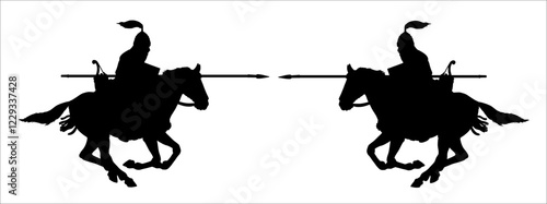 Vector silhouette of mounted warrior on attack. Historical illustration. Ancient rider.	